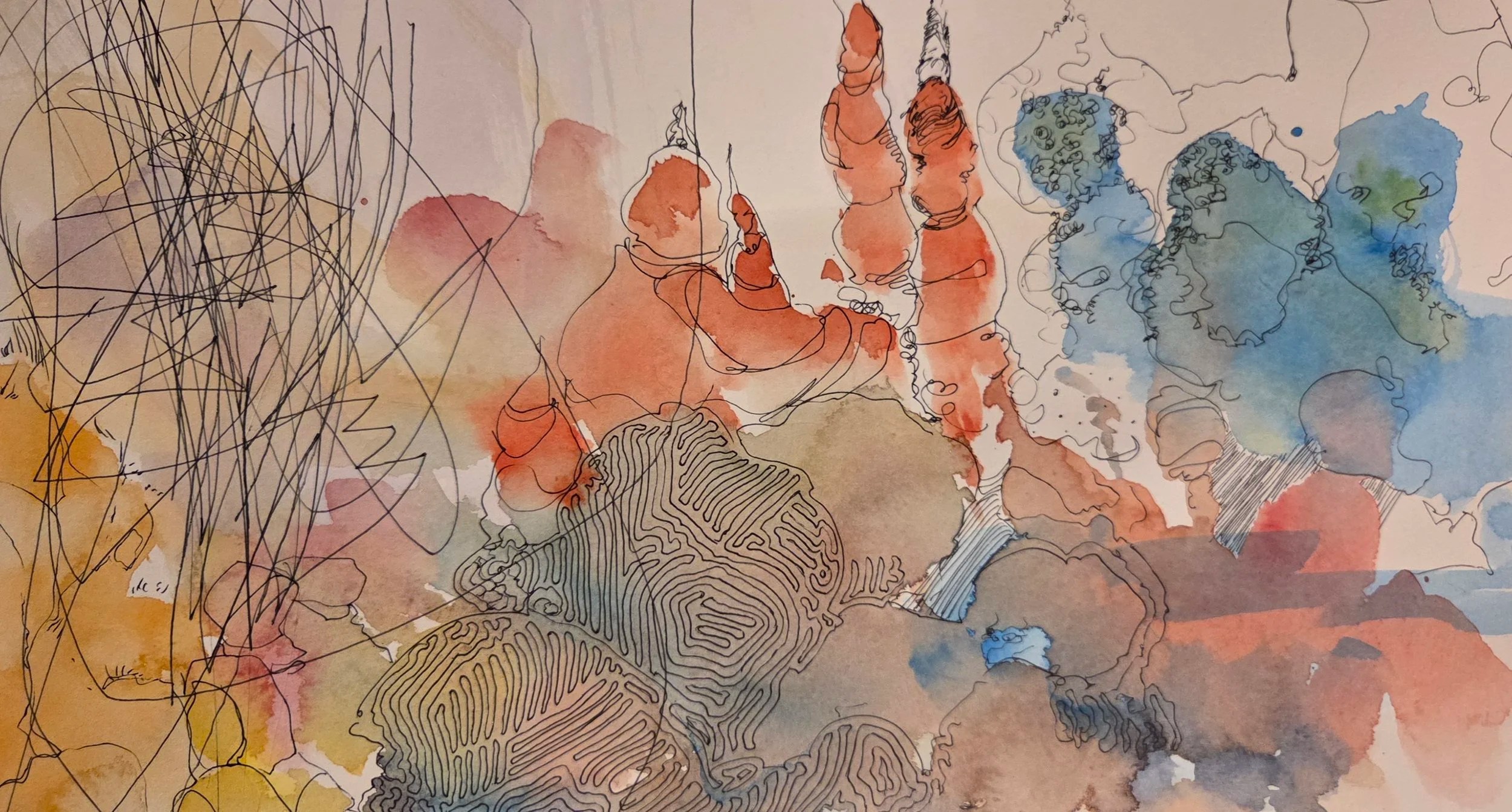  Ink/watercolor test for “An Ecosystem Behind My Eyes,” ft. the artist’s young apprentice 